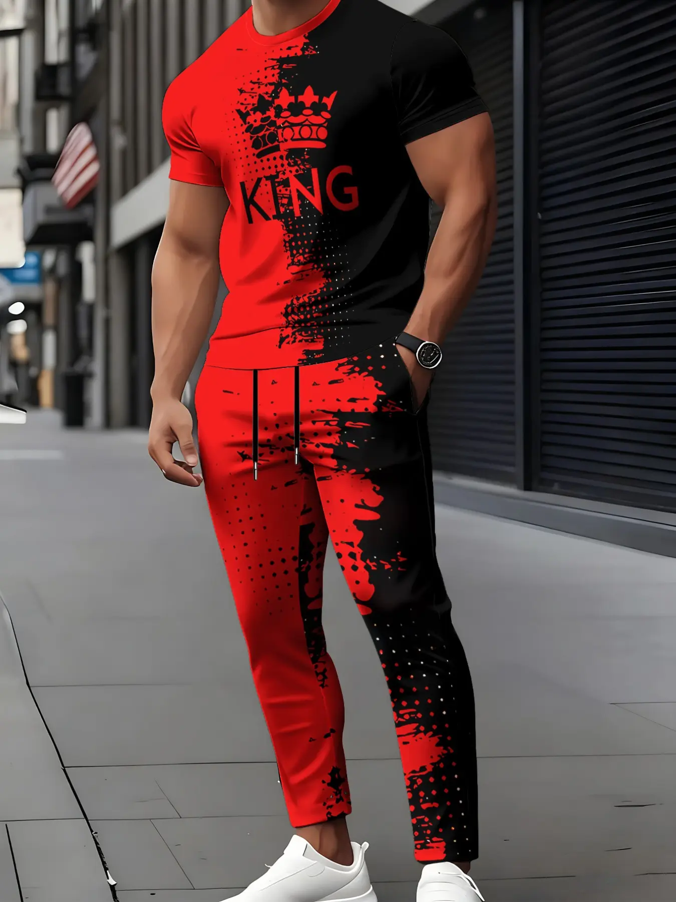 2026 Men's Spring/Autumn Fashion Casual Jogger Pants Set, featuring a red and black splatter-painted crown KING print crew neck breathable T-shirt + drawstring jogger pants., Breathable, Daily Wear,Back-to-school outfits(Recommended ordering one size up),