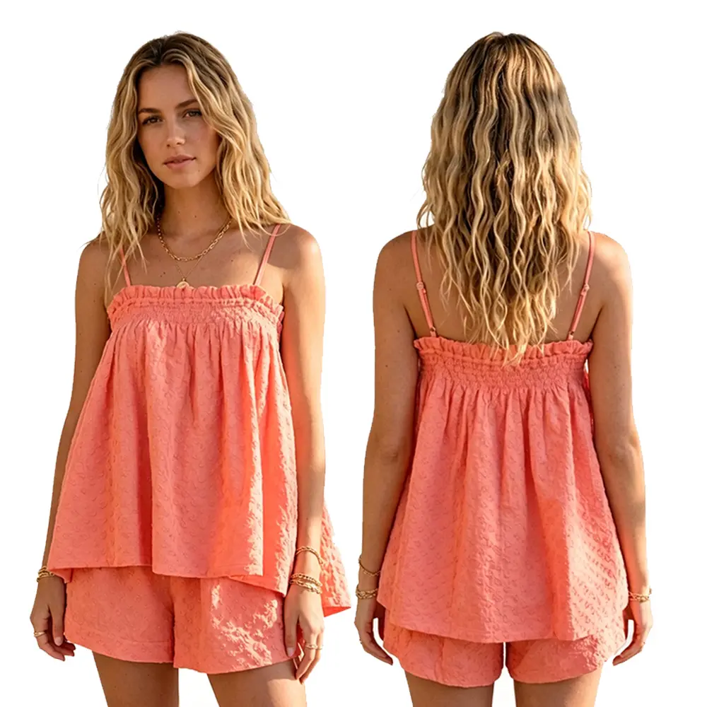 Women's Jacquard Pajama Set Summer Fashion Solid Color Loose Fit Floral Cami Tops with Shorts 2Pcs Soft Sleepwear