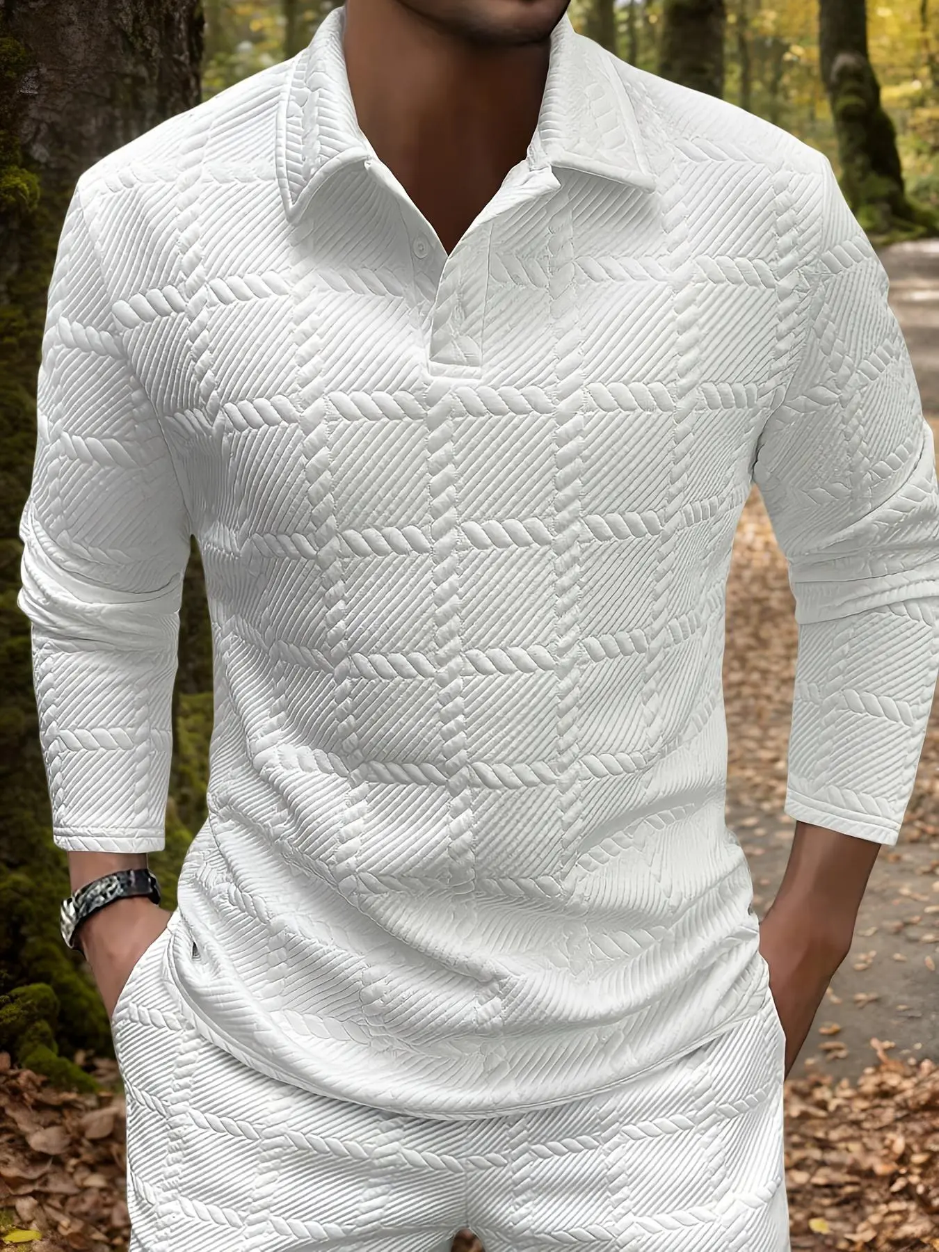 Men's Regular Fit Quilted Jacquard Polo Shirt, Casual Long Sleeve Collared Top for Spring & Fall, Fashion Men's Clothes for Daily Wear