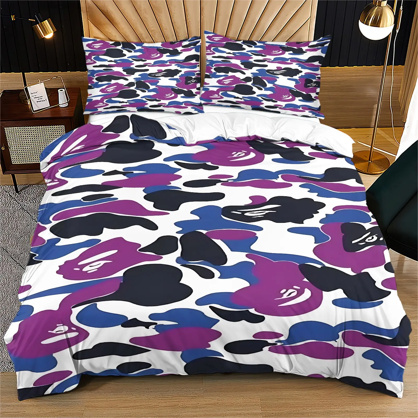 Purple Blue Black Camouflage Pattern Print Duvet Cover Set, White Base Multicolor Camo Fashion Bedding Set, Soft Breathable Washable Bed Cover With Zipper & Corner Ties, Includes 2 Pillowcases - without Core