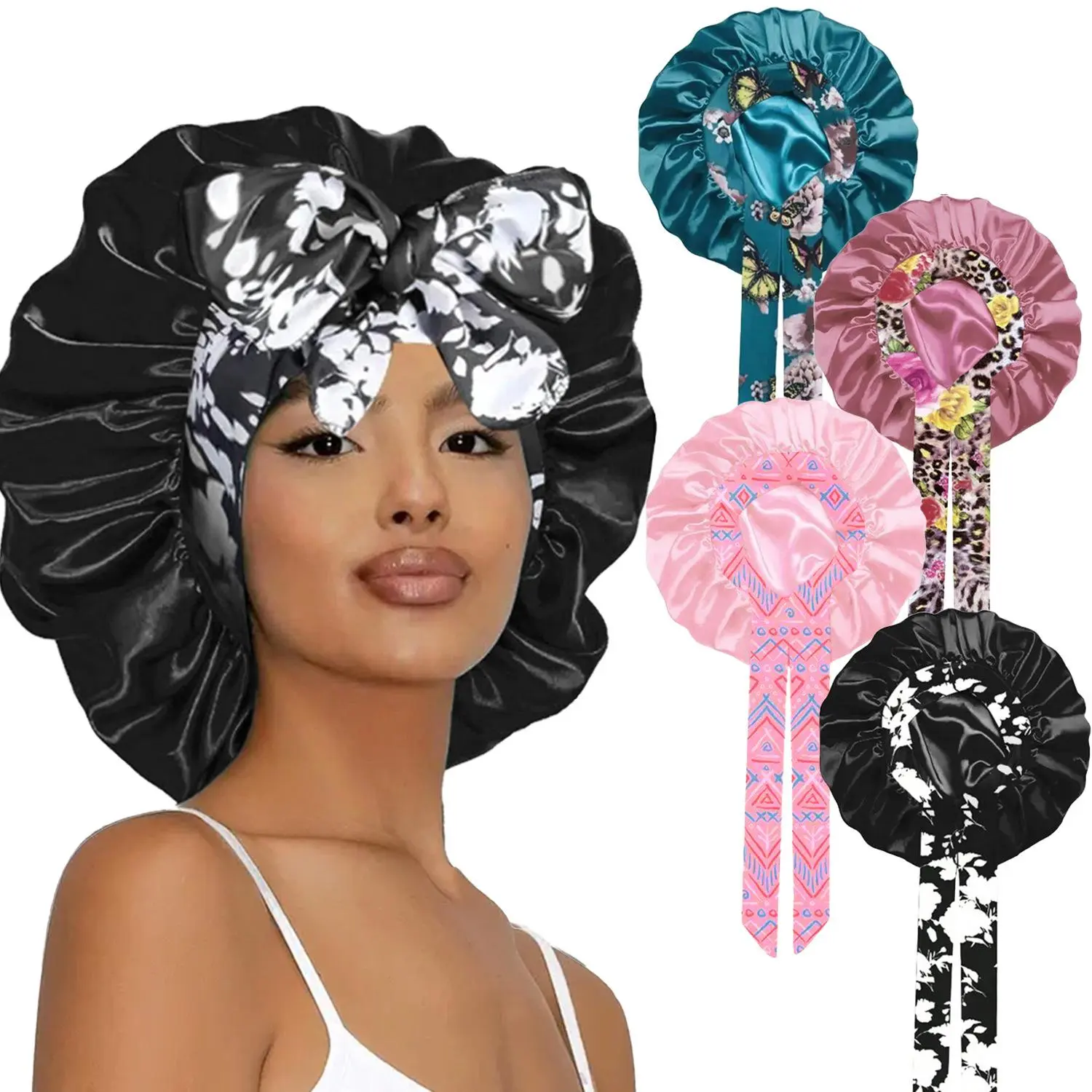 Floral Satin Bonnet for Women, Adjustable Head Wrap with Wide Tie for Curly Hair, Heatless Haircare Sleep Cap & Sports Headwear, Sleeping Cap, Protective, Single, One Size tiktokshopbacktoschool