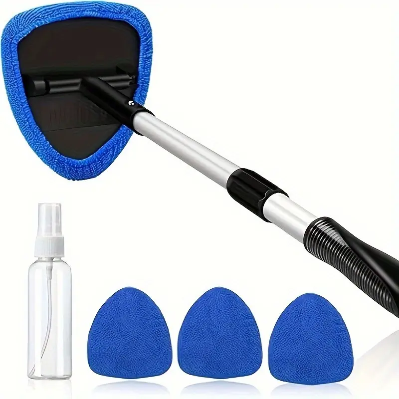 Blue Car Front Windshield Cleaning Brush Set, Reusable Microfiber Pads, Extendable Handle, Car Glass Wiper Kit, Windshield Cleaner Kit, 4 Pieces Included, Car Care Products, Auto Detailing Supplies