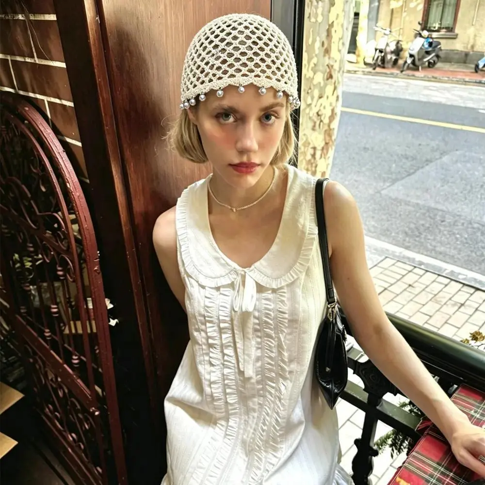 Fashion Handmade Crochet Hat Women Breathable Mesh Hollowed Out Pullover Hats Pearl Decor Knit Hat Summer Retro Beanies Cap