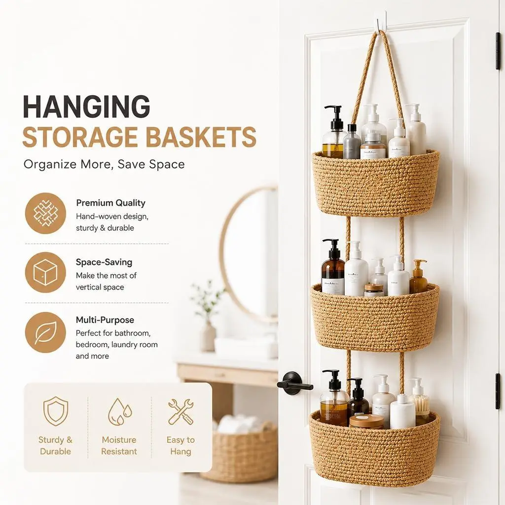 3-Tier Woven Cotton Over-the-Door Organizer - Wall-Mounted Jute Storage Basket, Decorative Household Gift for Bathroom/Nursery, Durable Hanging Caddy for Laundry, Diapers, Toys, Towels (Rustic Farmhouse Style), Cotton/Jute