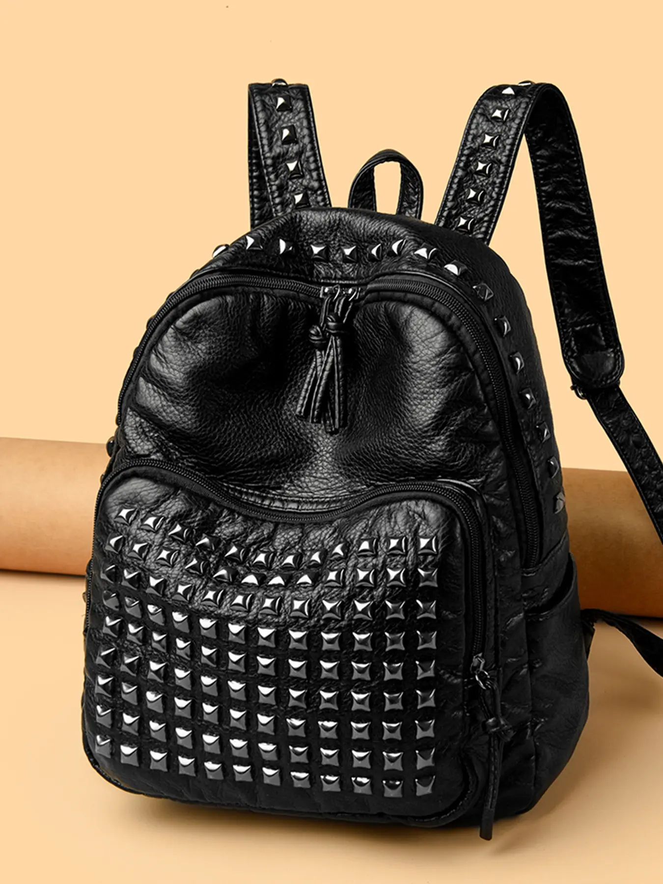 1pc Studded Moto Backpack, Retro Y2K Casual Style, Top Zip with Tassel Pull, Front Zip Pocket, Adjustable Straps & Rivet Detail, Ideal for Women Daily Commute & Trendy Outings