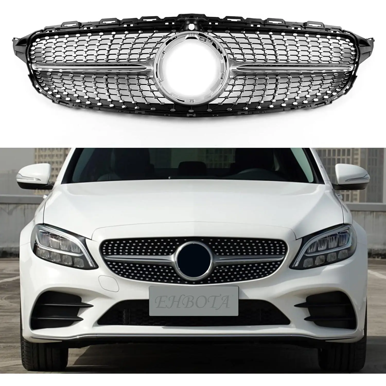 W205 Front Grille/Grilles Kidney Grill Replacement for C Class W205 2019-IN 1 Pair/Set (Silver Chrome Diamond Star)