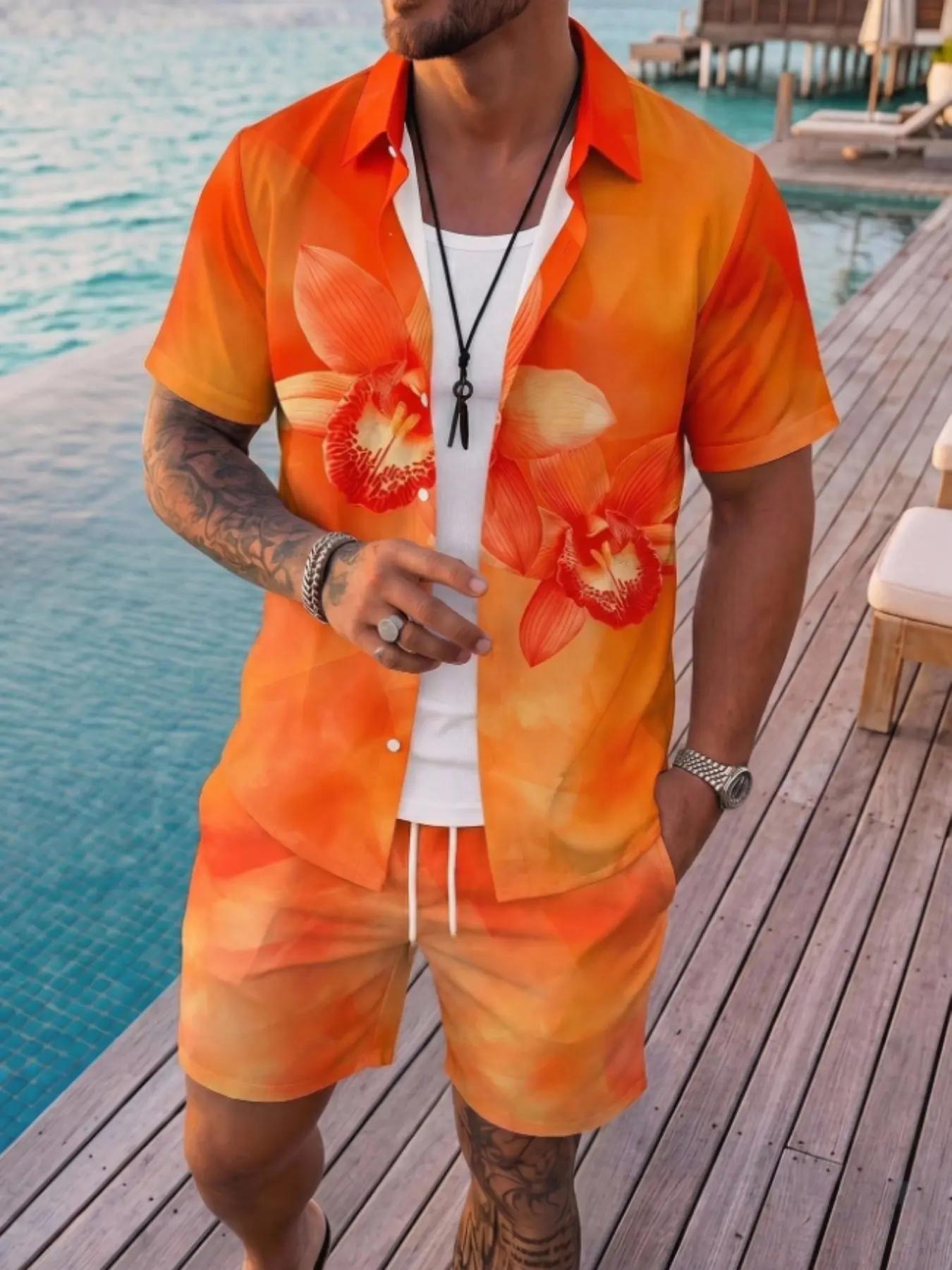 Men's Hawaiian Two-Piece Set, Gradient Orchid Short Sleeve Collar Shirt with Drawstring Beach Shorts, Summer Vacation
