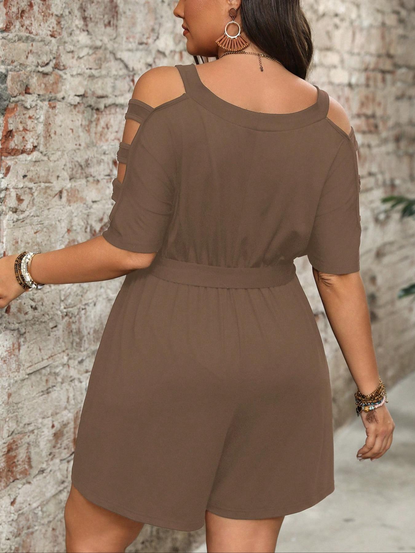 【Plus Size】 Solid Color Basic Romper, Casual Pocket Romper for Summer, Women's Clothes for Daily Wear