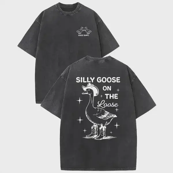 Vintage Washed Cotton T-Shirt with Silly Goose Graphic Print