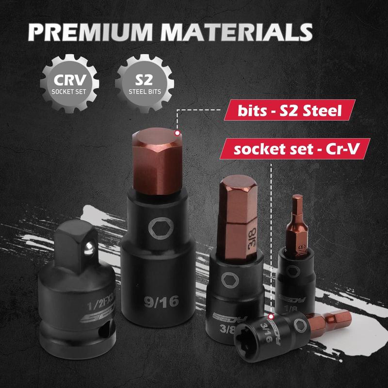 Allen-wrench Hex Bit Socket Set: 16-piece Set With Magnetic Rail Organizer 1/4  3/8 1/2-inch Drive 5/64-9/16 Key Adapter For Professional Garages WorkshopQuesear