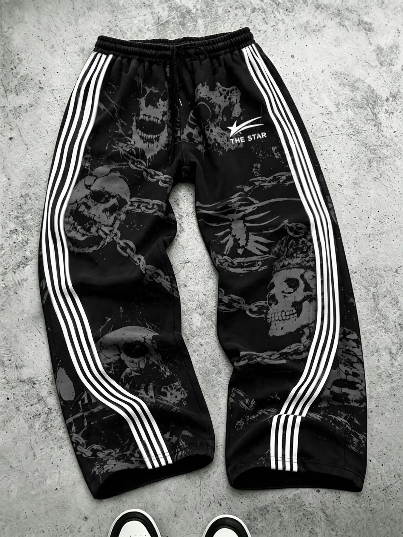 Dark Skull Chain Three Bar Wide Leg Sweatpants, American Gothic Style, Loose Fit Unisex Long Pants, Spring & Fall Fashion