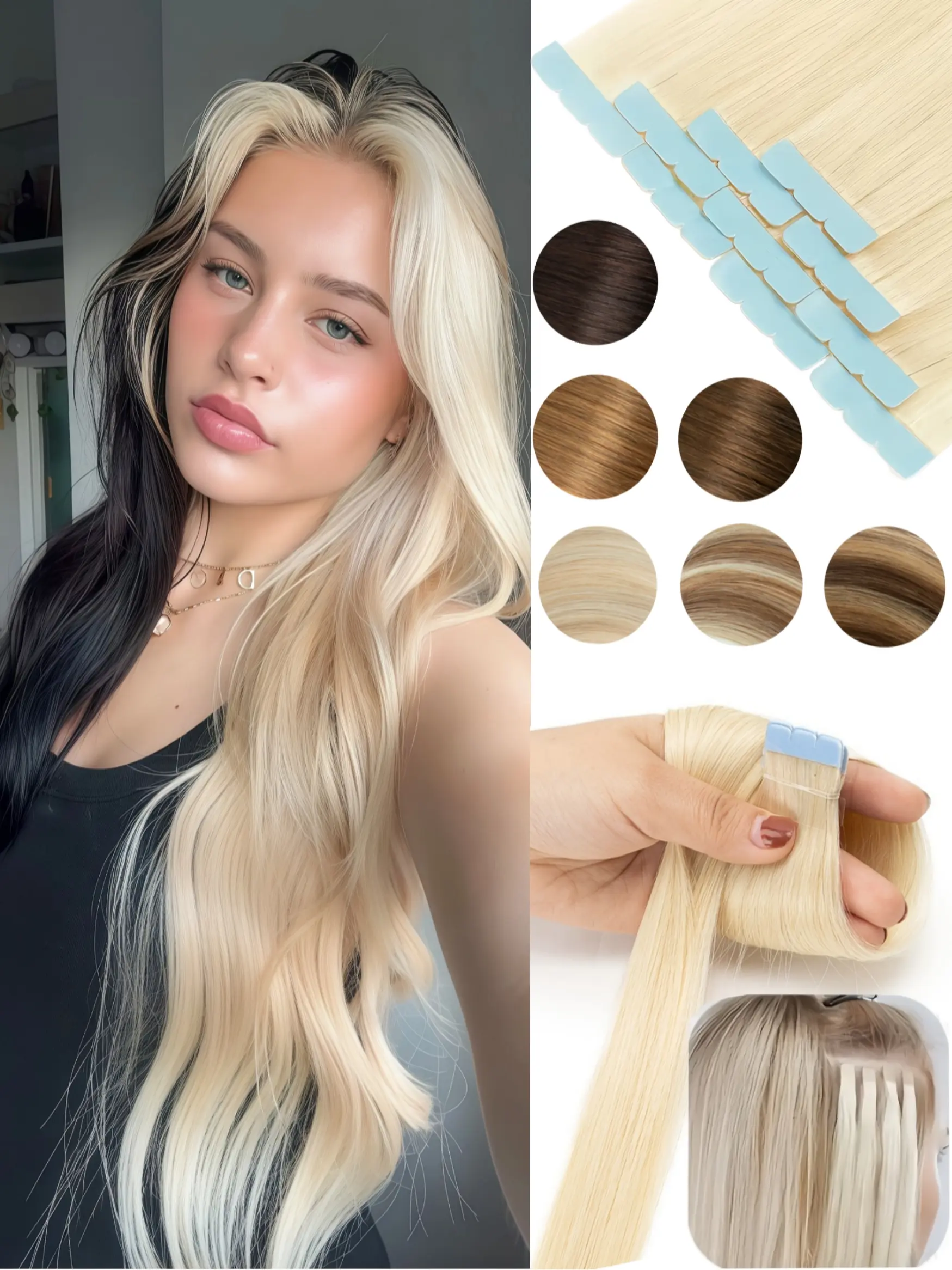 Mini Tape in Hair Human Hair Extensions, 30.48-60.96cm Invisible Tape In, Seamless Salon Hair Extensions, 10pcs/pack, Natural Look