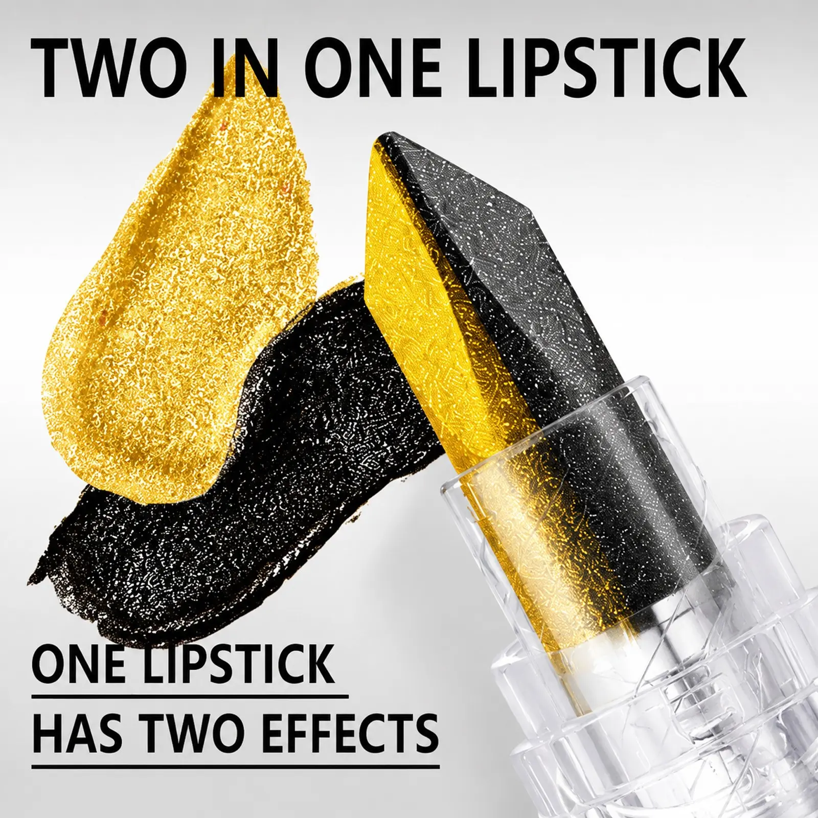 Two-Tone Black Gold Shimmery Lipstick, Double Effect Glitter Metallic Lip Color Waterproof Long Wear Gothic Festival Lip Makeup