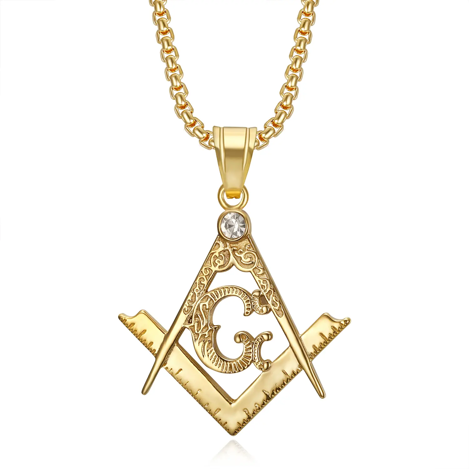 18K Gold Plated Freemason Symbol Pendant Stainless Steel Necklace for Men, 24 inch Chain Masonic Hip Hop Jewelry Gift
