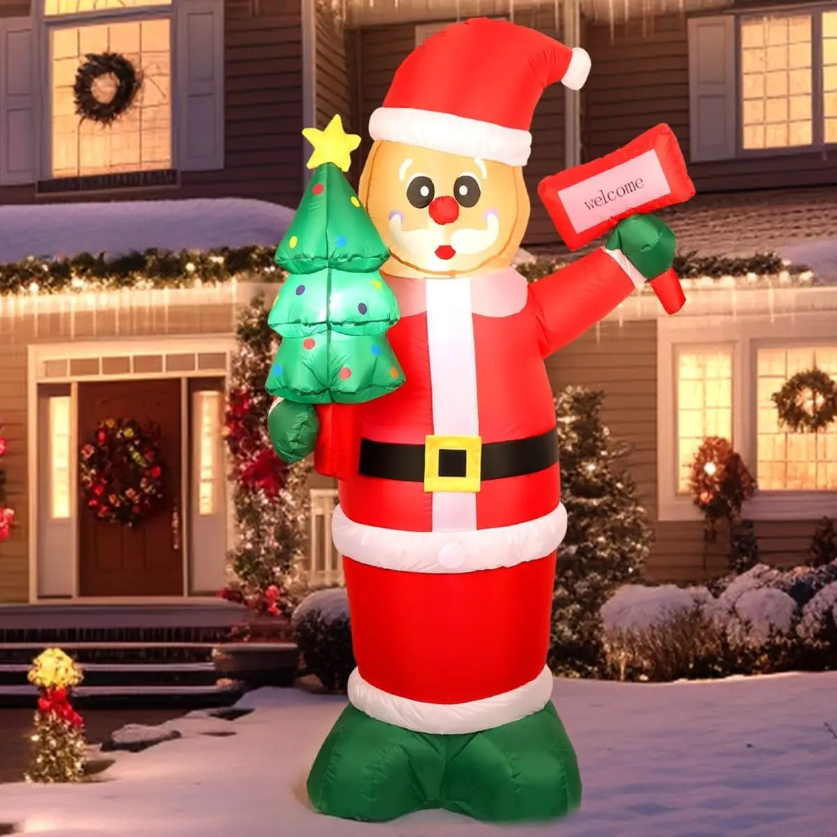 6Ft Christmas Inflatables Santa Gingerbread with LED Lights & Gift Box, Giant Xmas Blow Up Santa Claus, Indoor/Outdoor Christmas Decor for Holiday Patio Garden