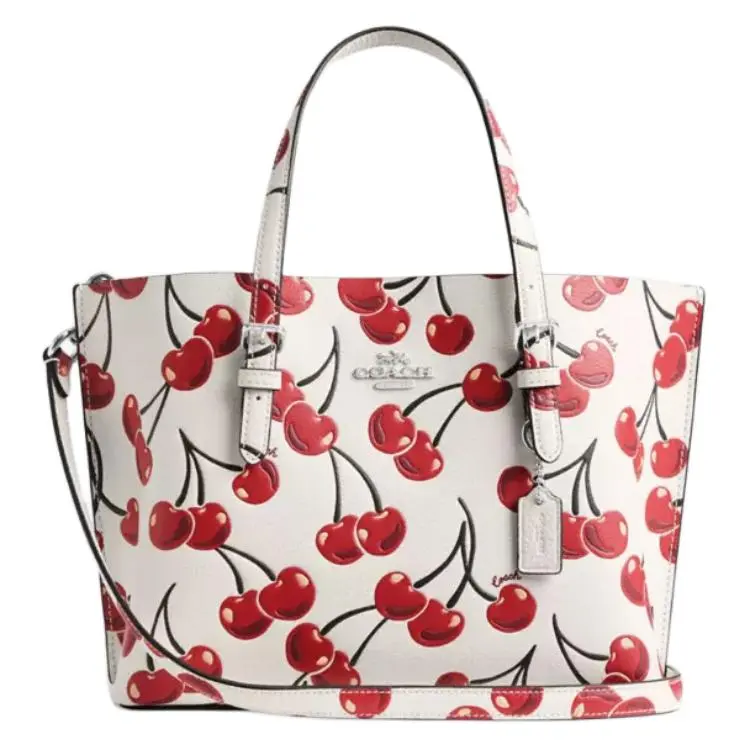 COACH Mollie 25 Cherry Print Leather Tote Bag for Women, Medium Size, Red and White