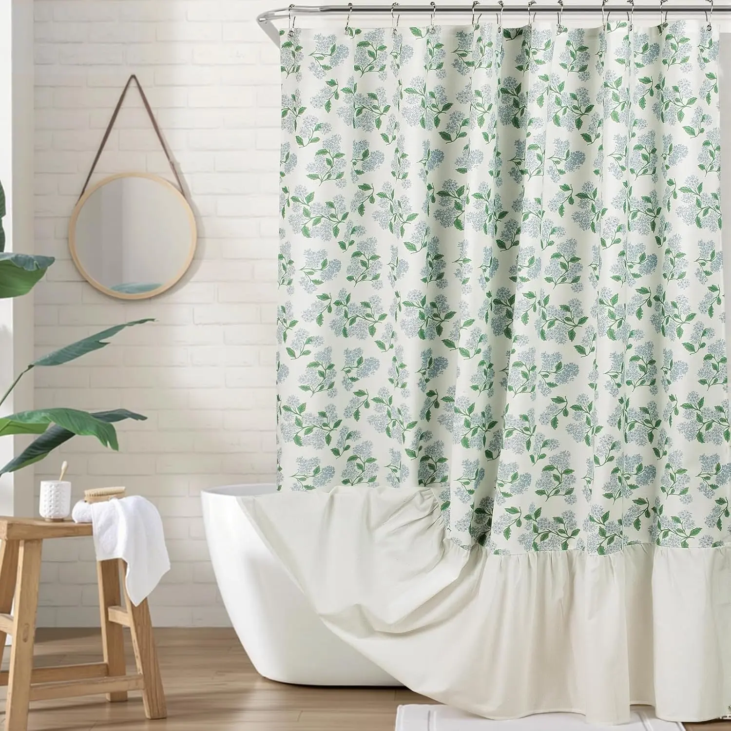 Cotton Blend Linen-Like Lightweight Washable Ruffle Shower Curtain, 72x72 in - Hydrangea Floral Pattern, Blue & Green, Plastic-Hook Compatible, Iron-Friendly Farmhouse French Country Bathroom Decor, Flowers