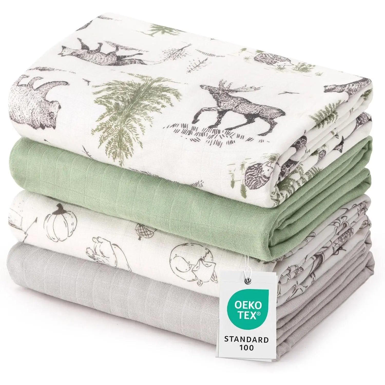 Organic Cotton Muslin Swaddle Set, 4-Pack Animal Themes Bamboo Rayon Large Size (47x47in) OEKO-TEX Safe Breathable Soft Receiving Blanket for Infants