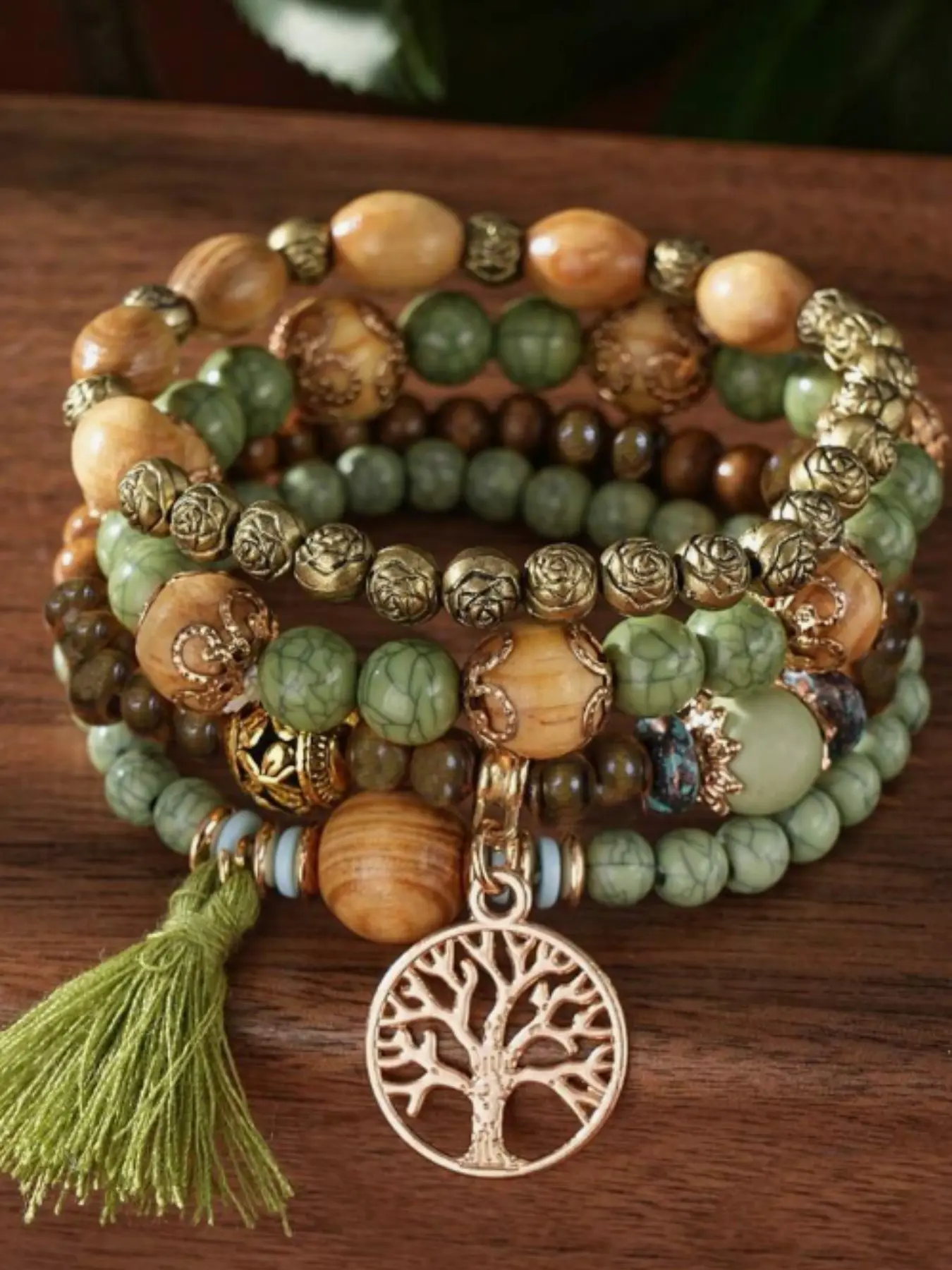 Bohemian Style Life Tree Symbol Beaded Bracelet, Crack Turquoise, Natural Wood Beads, Vintage Rose Gold Spacer, Fringe Pendant, Multi-Layered