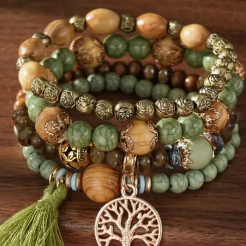 Bohemian Style Life Tree Beaded Bracelet, Crack Turquoise, Natural Wood Beads, Vintage Rose Gold Spacer, Fringe Pendant, Multi-Layered, Fringe Detail
