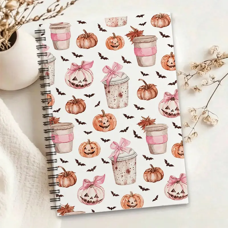 1pc Halloween Themed Notebook, Watercolor Style Pumpkin & Coffee Cup Pattern Journal, Creative Festival Element Notepad, Ideal for Daily Writing, Note-taking and Festival Themed Planning