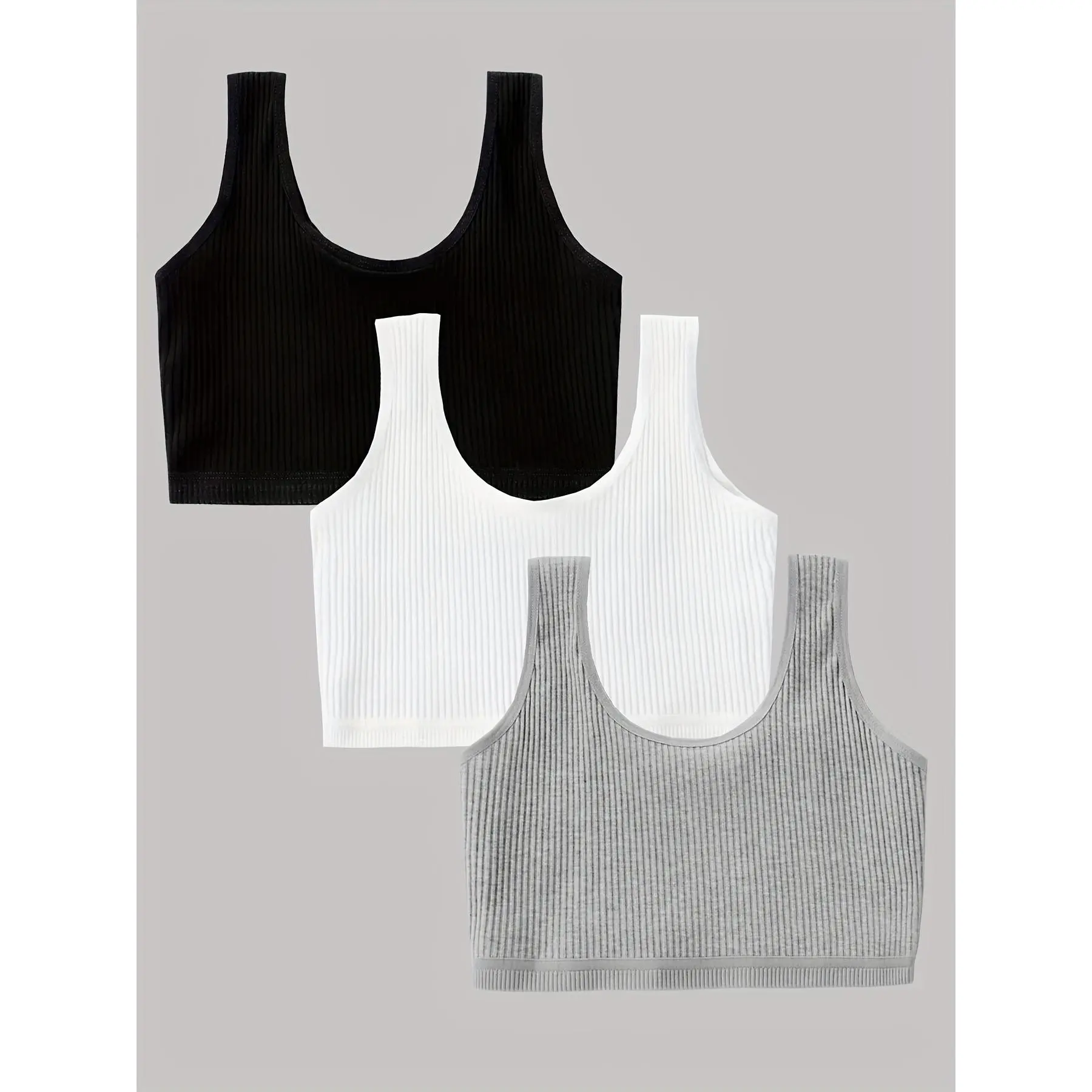Girls' 3-Pc Regular Polyester Vest Bras, Breathable All-Season Training Underwear for 7-14Y Kids