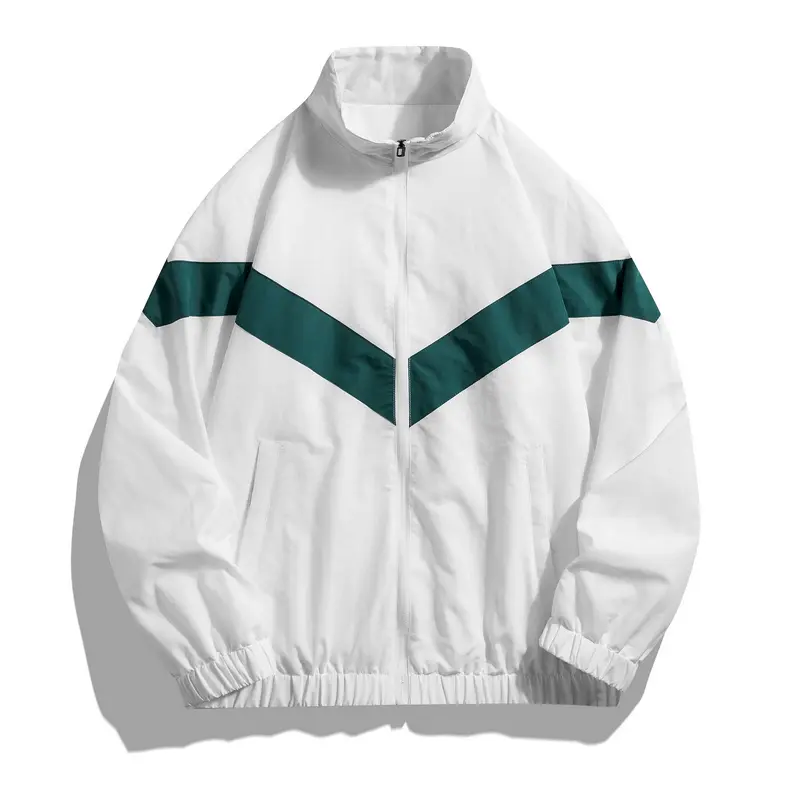 Men's Loose-Fit Track Jacket with Vintage V-Shape Color Block - Long Sleeve Zip Up Wind Resistant Top for Streetwear, Tops, Menswear, Longsleeves, Machine Wash, Jackets, Casual, Coats, Medium Length, V-Shape Block, Street-Ready Men's Lightweight Jackets