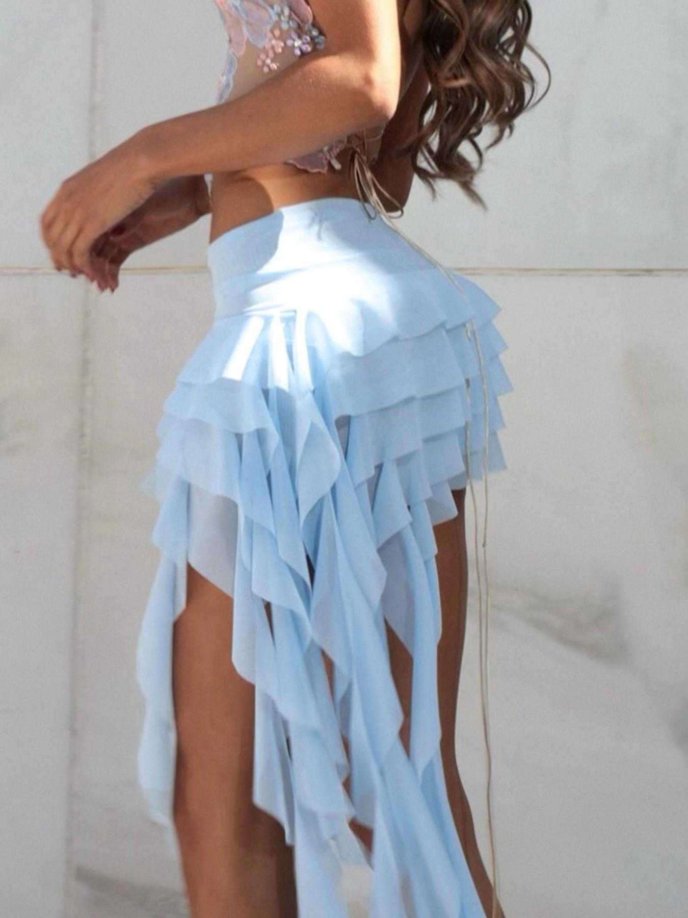 Women's Plain Ruffle Hem Asymmetrical Hem Skirt with Ribbon Design, Street Fashion Low Waist Tiered Layer Mini Skirt for Daily Wear, Ladies Summer Bottoms, Elegant Chic Skirt