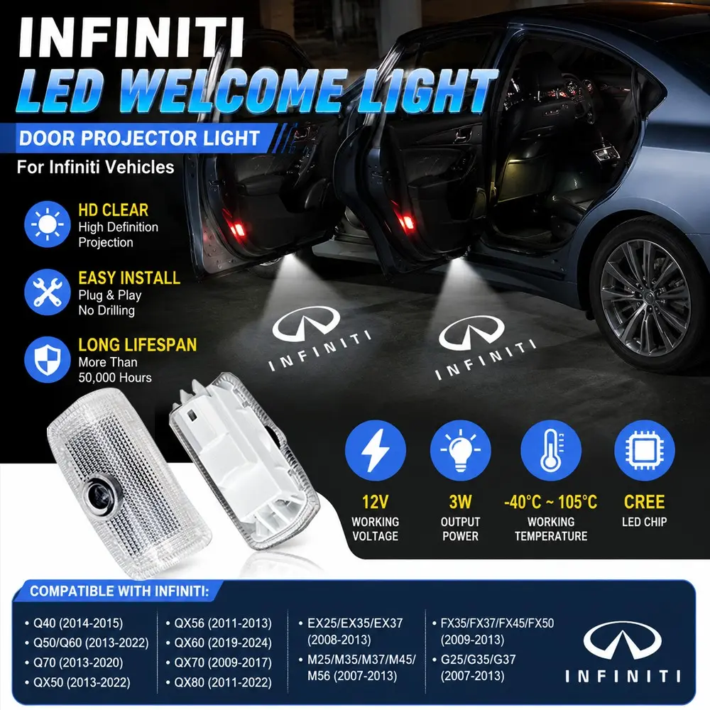 2 Pcs Led car lights, LED Interior Light Infiniti Car Door Welcome Light LED Puddle Logo Projector 12V CREE Chip 6500K White Light Compatible with Q40 Q50 Q60 Q70 QX Series Interior Door Courtesy Lamp Aluminum Alloy 50000+ Hours Life