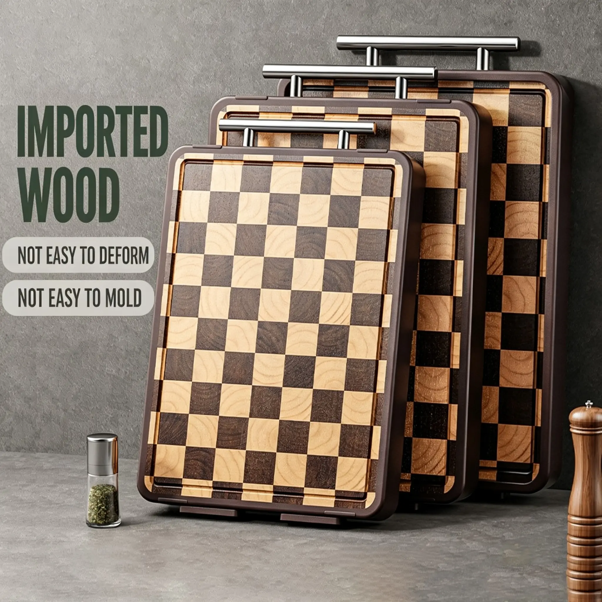 Kitchen checkerboard cutting board 16.53 inches x 11.81 inches x 0.66 inches ebony cutting board with juice trough and steel handle heavy-duty anti slip cutting board suitable for cooked food platters housewarming gift
