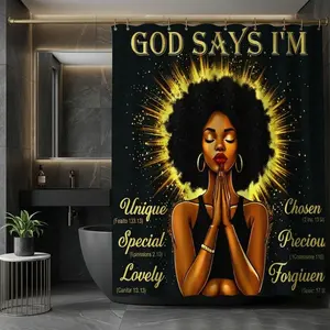 Black Woman Prayer Shower Curtain with Golden Halo, "God Says I'm Unique Special Lovely Chosen Precious Forgiven" Bible Verse Art, Inspirational Christian Faith Bathroom Decor for Women, Divine Affirmation Wall Hanging