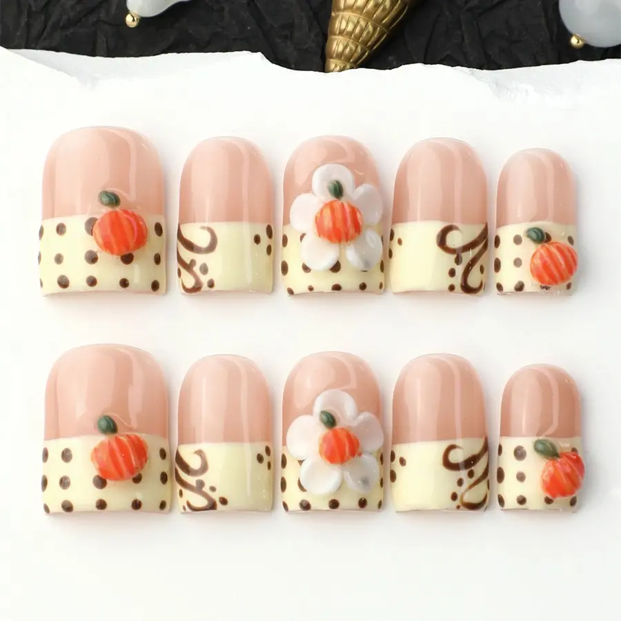 10pcs Press-On Nails Set, Handmade Acrylic Nail Tips, Short Square Shape, Cute Yellow French Dot Design, 3D Pumpkin Flower Decor, Durable, Easy to Remove, Includes Nail Tools, Perfect for Fall, Parties, Vacations, Women's Gift