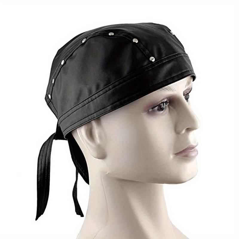 One-Size Black Leather Bandana for Men with White Studs - Biker Doo Do Rag Headwrap, 100% Genuine Leather, Woven Style, Perfect for Parties jungkook  hat scarf head wrap