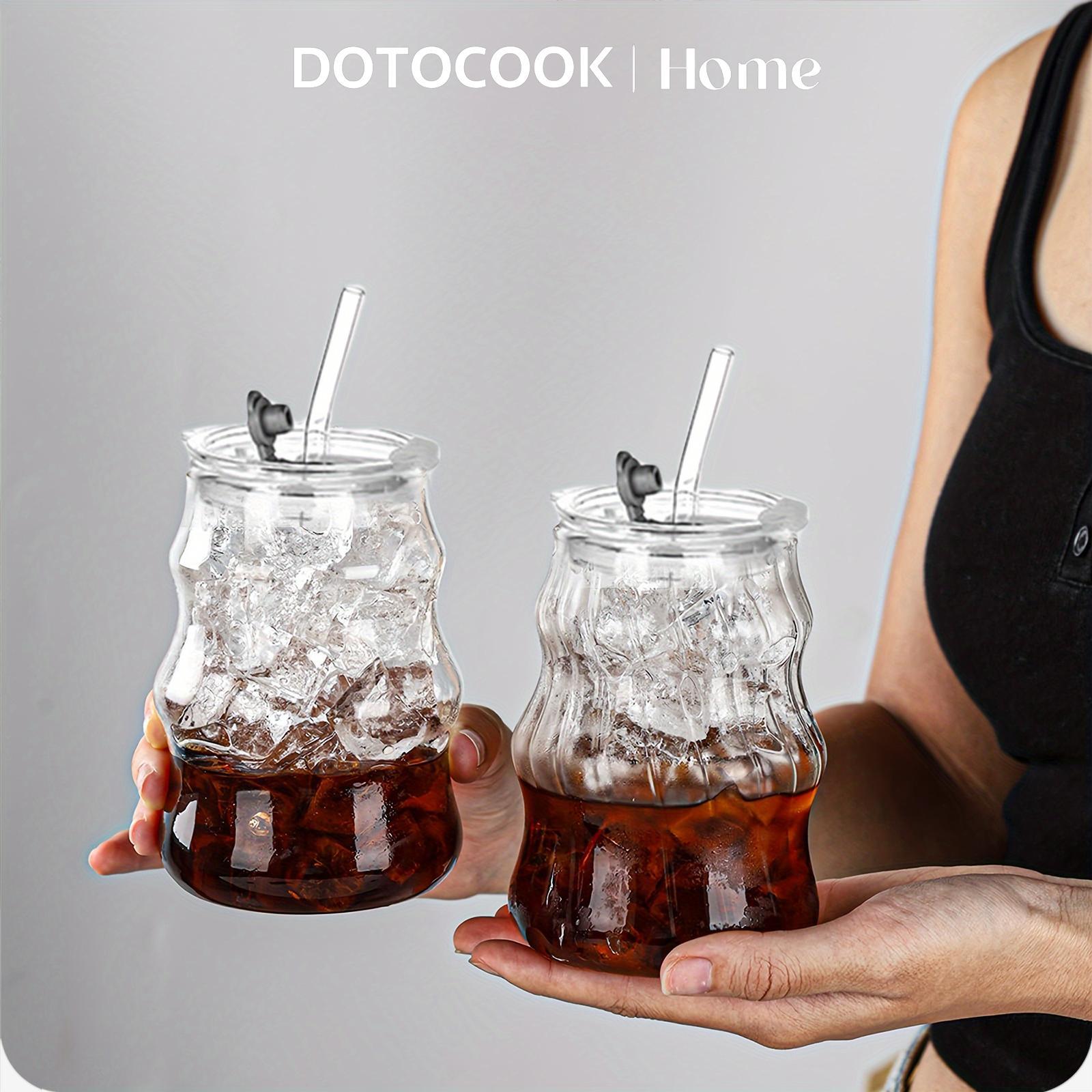 Glass Cup with Straw & Lid, 4/6 Counts Glass Cup Set Portable Clear Ripple Glass Cup with Cleaning Brush, Summer Cool Bottle Drinking Cup for Coffee, Latte, Water, Macha, Juice, Ribbed Glass Cup #TOP PICKS