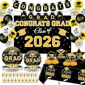Graduation Decorations 2026 with Tableware Set, Congrats Grad Banner, Class of 2026 Decorations, Balloons - Complete Party Supplies for High School & College Graduation