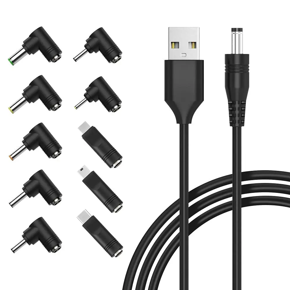 5V DC Power , USB to DC 5.5×2.1mm Cord with 10 Tips | 5FT  Cord for Router, LED Light , Mini Fan,  Speaker and  5V Devices