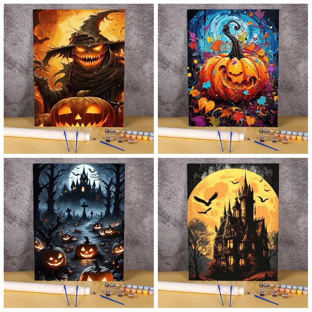 Halloween Oil Painting by Numbers Kit - DIY Canvas Set with Spooky Pumpkin, Witch, Ghost, Castle Themes, Beginner-Friendly Handcraft for Stress Relief, Gothic Bedroom Wall Decor Gift