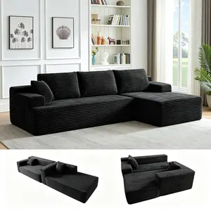 Corduroy L-Shaped Boneless Cloud Compression Sectional Sofa with Chaise, Couch in a Box No Assembly Sleeper Bed, Modular Deep Seating High-Density Foam Upholstered Furniture for Living Room & Bedroom sml