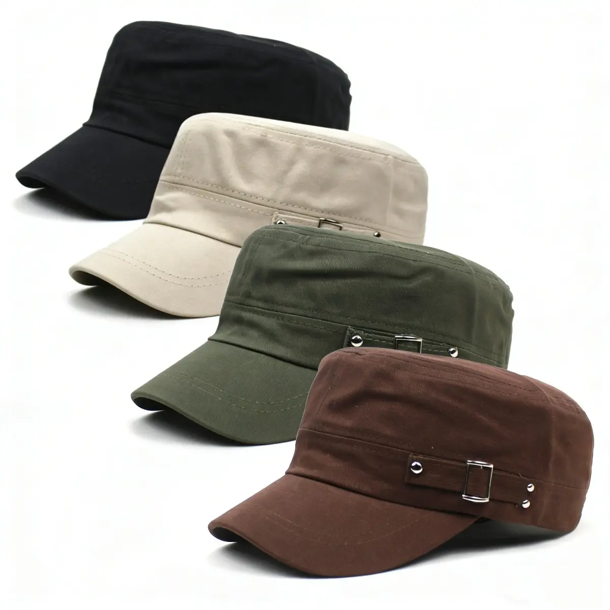 4-Piece Classic Flat Top Military Cap (Unisex) - Comfortable Baseball Cap, All-Season Outdoor Sun Hat for Fishing, Camping and Hiking - Adjustable Breathable Cadet Hat Set