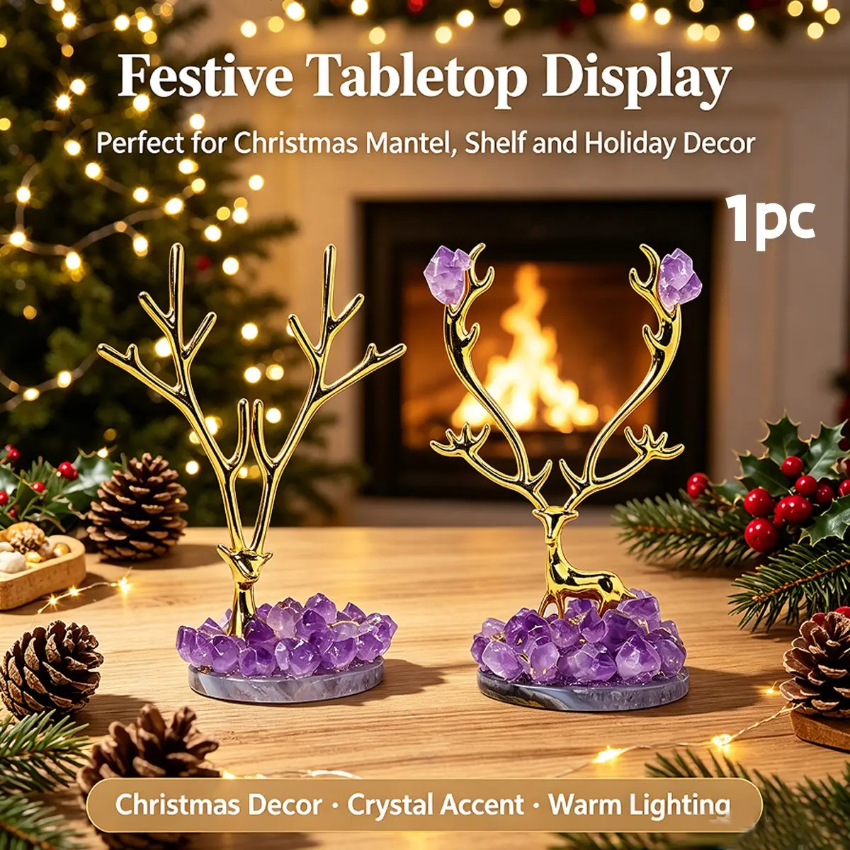 Hand Carved Natural Amethyst Cluster Elk Deer Figurine, Reiki Healing Crystal Stone Ornament, Tabletop Home Decor, Unique Christmas Gift