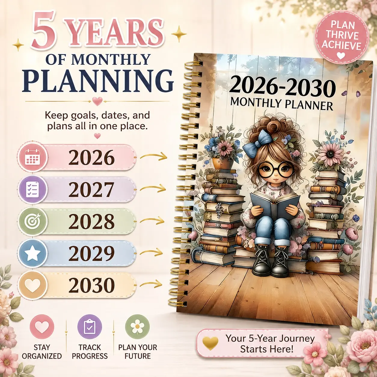 1 Count 2026-2030 Monthly Planner Notebook, Cute Spiral Bound 5-Year Calendar Organizer, Life Planner Journal for Goal Planning, Tracking Important Dates & Taking Notes, Ideal Gift for Women, Students, Teachers and Book Lovers