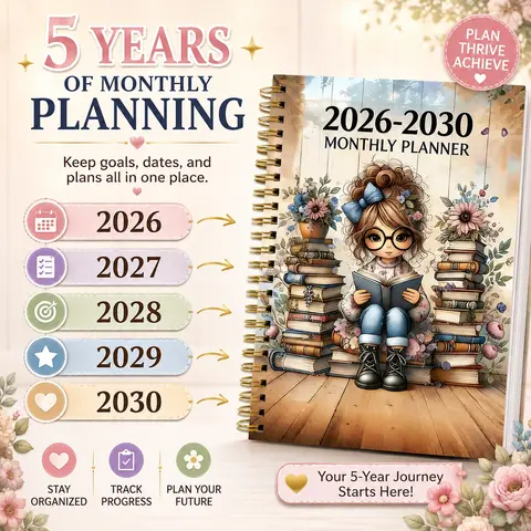 1 Count 2026-2030 Monthly Planner Notebook, Cute Spiral Bound 5-Year Calendar Organizer, Life Planner Journal for Goal Planning, Tracking Important Dates & Taking Notes, Ideal Gift for Women, Students, Teachers and Book Lovers