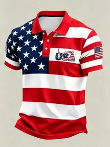 Men's Comfortable Breathable Sporty Usa Flag Polo Shirt, All-Over Print, Fitted, Casual Style, Ideal for Daily Wear, Gifts, Football Theme