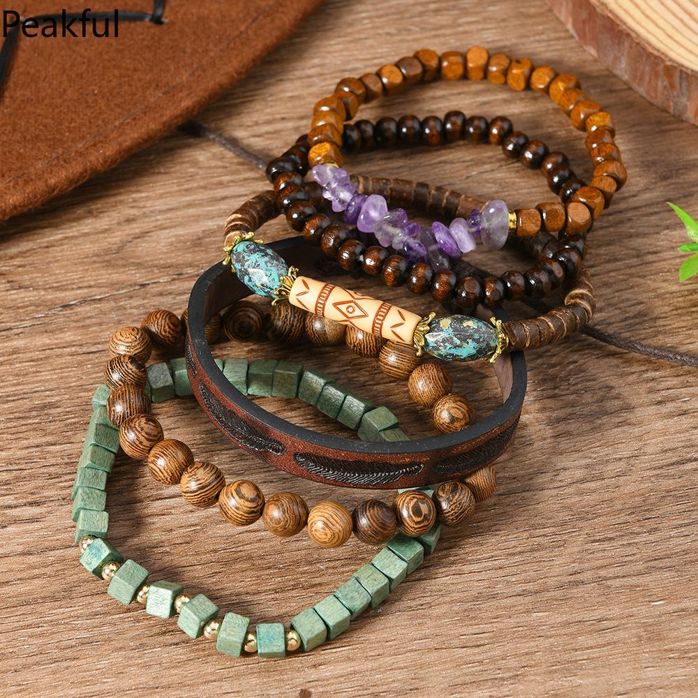 6pcs Bohemia Ethnic Beaded Bracelets For Men Vintage Multi Layer Wooden Beads Life Tree Beaded Bracelets Accessory Gifts Party
