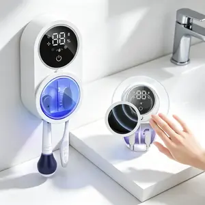 Smart UV Toothbrush Sanitizer Holder, Auto Induction Sterilization & Constant Air Dryer, LED Digital Display, No Drill Wall Mount Bathroom Organizer, Mold & Bacteria Prevention for 2 Toothbrushes