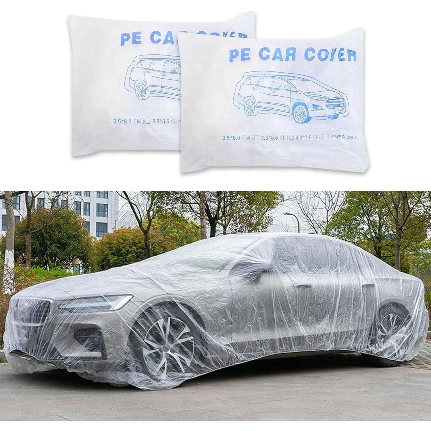 2PCS Disposable Car Cover, Waterproof Car Cover, Universal Rain Dust Garage Cover with Elastic Band, 11.48X19.68 FT Clear Plastic Car Covers Car Accessories for SUV Sedan Sport Cars (M)