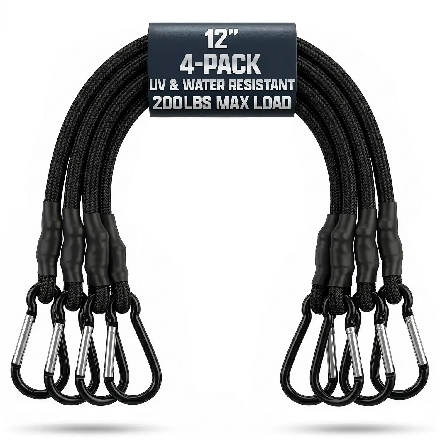 4 count Bungee Cords with Hooks, 12" Steel Carabiner, 200 Lbs Load | Short Bungee Cord Set, Latex and Braided Rubber, ; for Camp, , RV, and Kayak Cargo