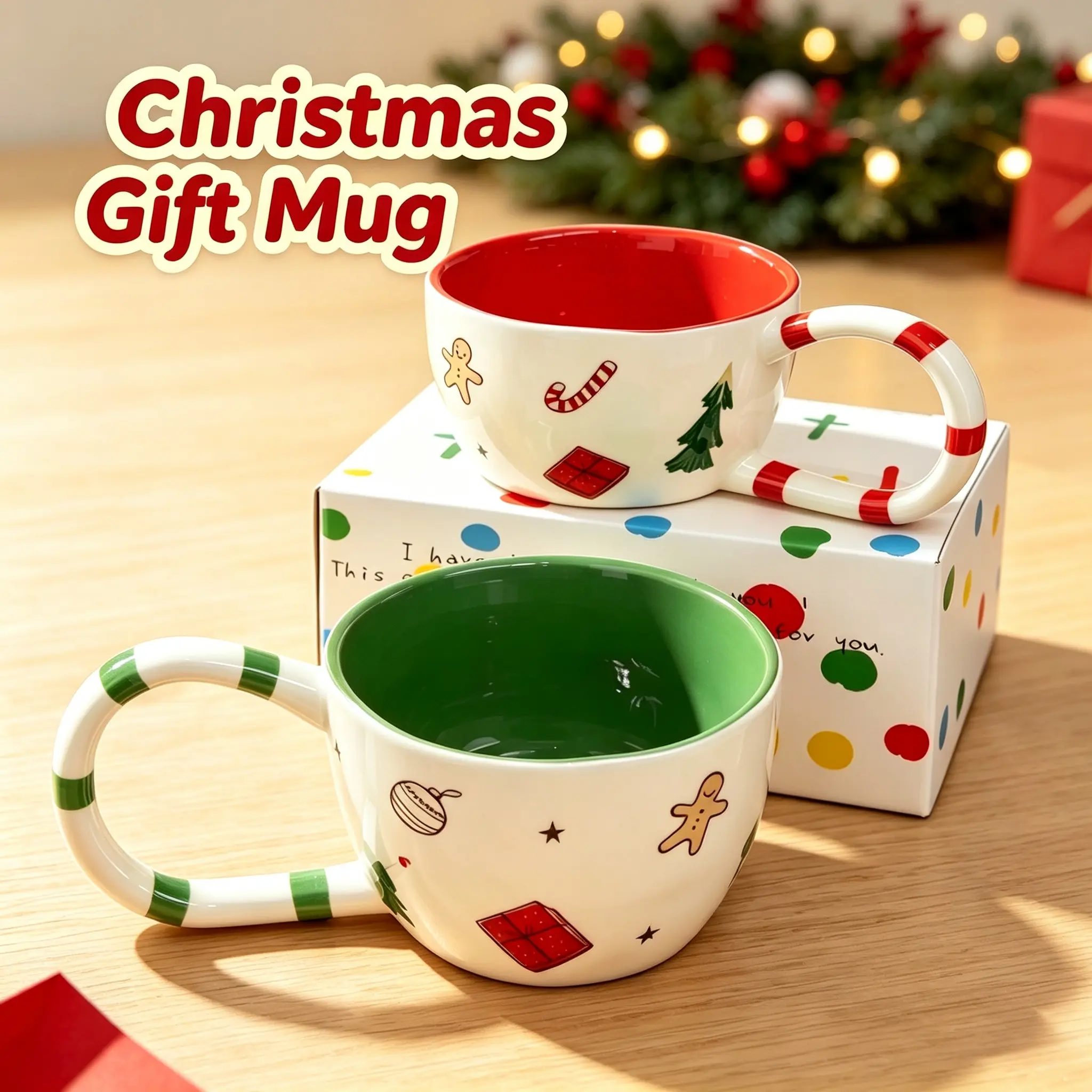 Christmas Themed Big‑Ear Handle Ceramic Mug, Red‑Green Contrast Gingerbread Man Xmas Tree Print Coffee Milk Cup With Gift Box For Home Use
