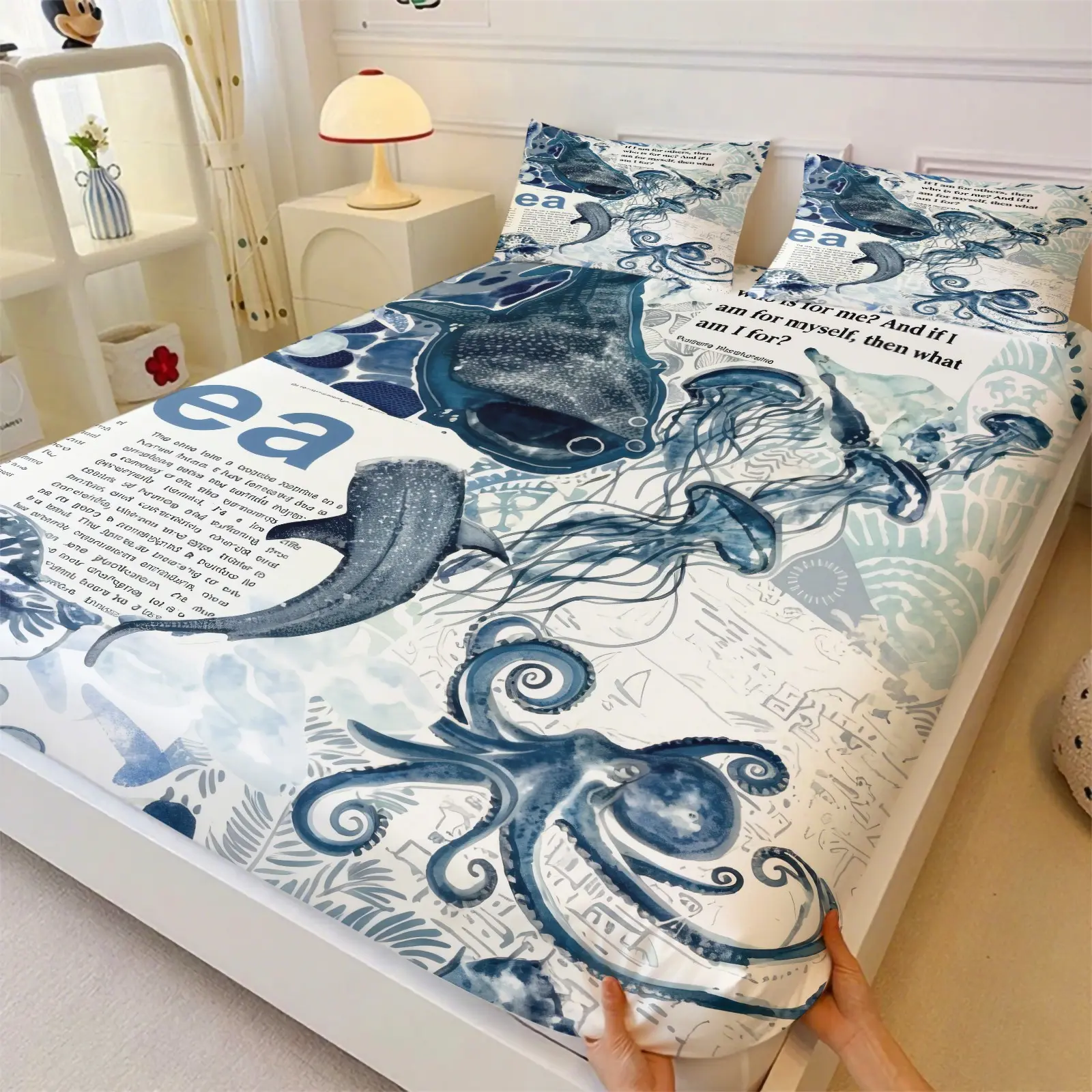 Four-Season Cozy Bedding Set, 3-Piece Blue Whale Shark Jellyfish Newspaper Style Design, Soft Breathable Comfort, Includes 1 Fitted Sheet and 2 Coreless Pillowcases, Bedroom, Dorm and Kids Room Decor Bedding