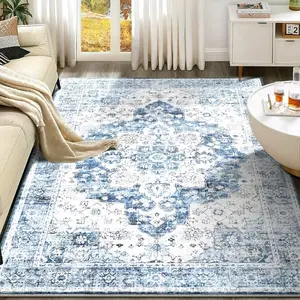Distressed Persian Velvet Area Rug, Blue & White Oriental Medallion Carpet, Non-Slip Washable, Multi Sizes for Living Room Bedroom Dining Room